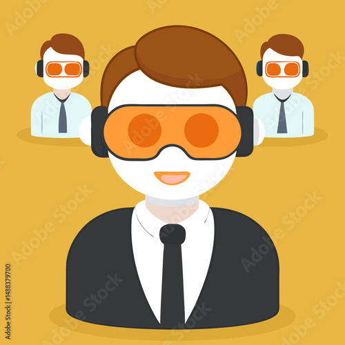 Business professionals wearing virtual reality headsets, symbolizing innovation and technology in workplace, with focus on teamwork and futuristic collaboration