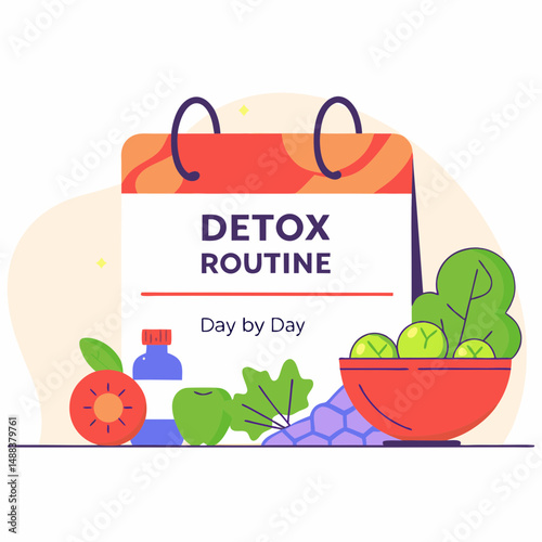 Colorful illustration of detox routine concept featuring calendar labeled Detox Routine with fresh fruits, vegetables, and bottle symbolizing healthy lifestyle