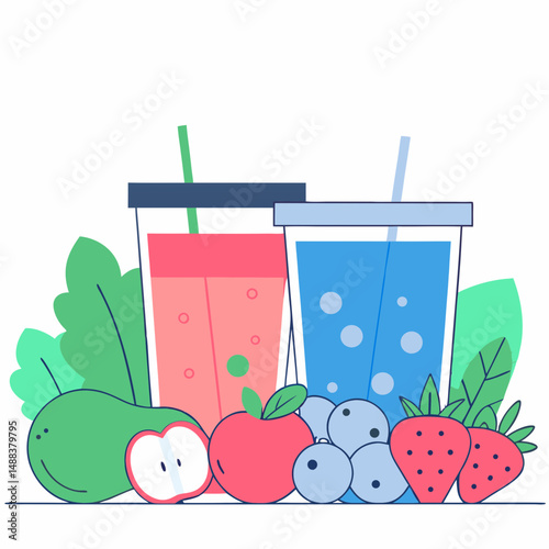 Colorful illustration of two detox smoothies in cups surrounded by fresh fruits and vegetables, including apples, strawberries, blueberries, and leafy greens, promoting health and vitality