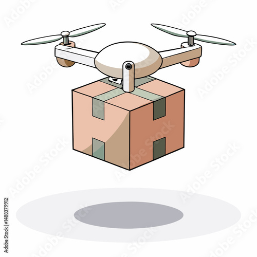 Futuristic drone carrying package for delivery, showcasing innovation in e commerce logistics and technology. drone is depicted in flight, emphasizing efficiency and modernity