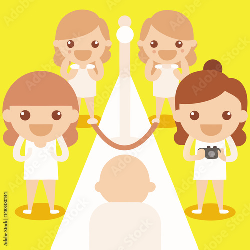 Group of cartoon characters excitedly gathers on red carpet event, with photographer capturing moment. scene is cheerful and vibrant, set against bright yellow background