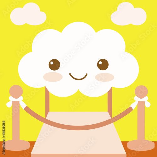Cute illustration of smiling cloud with rosy cheeks, positioned behind red carpet and velvet rope, set against bright yellow background with two small clouds. design is cheerful and playful