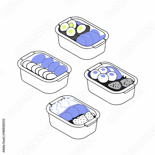 Healthy meal prep boxes with protein rich and colorful ingredients, including eggs, vegetables, and grains, arranged in neat containers for convenient and balanced nutrition