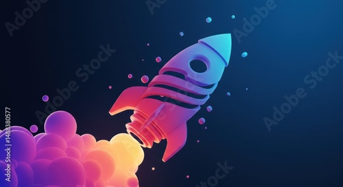 Cartoon rocket ship launching with colorful smoke against a dark blue background.
