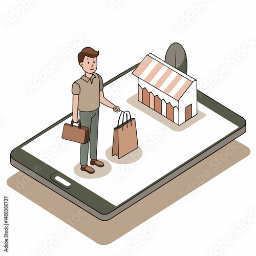Man standing on large smartphone screen, holding shopping bag and briefcase, with small storefront model beside him, symbolizing mobile e commerce and shopping on go