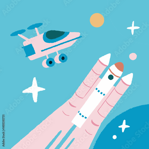Colorful illustration of rocket launching into space with futuristic drone flying nearby, set against bright blue background with stars and planets. scene evokes excitement and exploration
