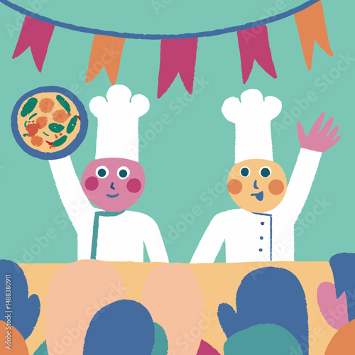 Chefs presenting colorful dish during lively cooking competition, with festive atmosphere and audience watching enthusiastically