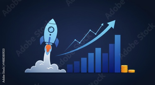 Rocket launch with rising graph and coins against a dark blue background.
