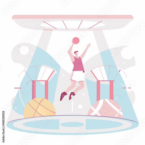 Basketball player is dunking on futuristic hover court with sci fi elements, surrounded by glowing lights and abstract shapes, creating dynamic and energetic atmosphere