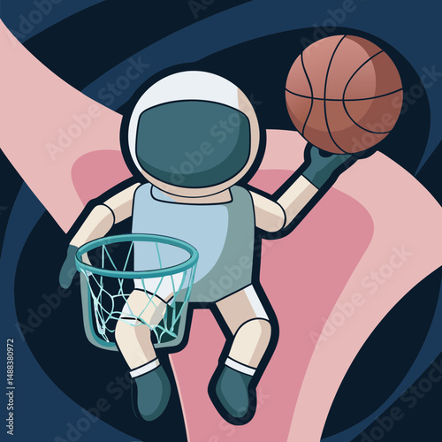 Futuristic illustration of basketball player in spacesuit dunking on sci fi hover court, showcasing dynamic and playful design with vibrant colors and cosmic theme