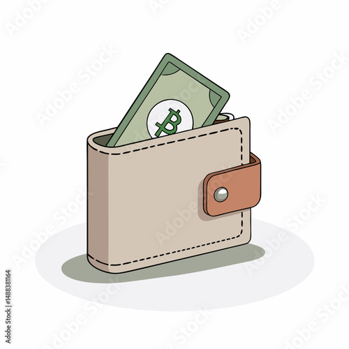 Digital illustration of beige wallet with brown strap, containing green bill featuring Bitcoin symbol, representing cryptocurrency and secure online payment concepts