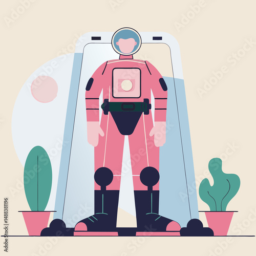 Futuristic illustration of pink suited astronaut with propulsion backpack standing confidently in front of modern archway, surrounded by potted plants and minimalistic background