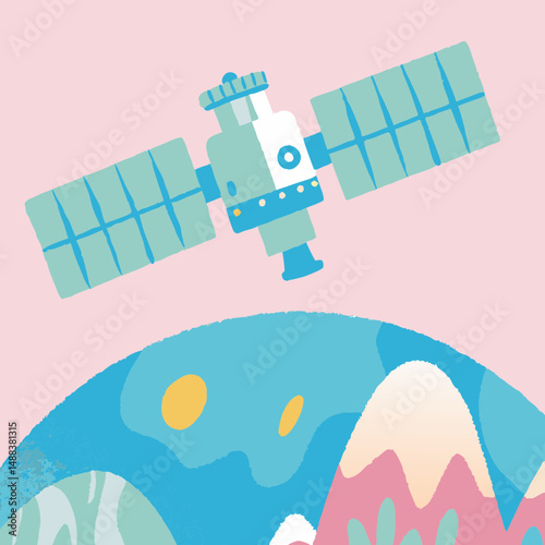Colorful illustration of satellite orbiting above stylized Earth with vibrant mountains and abstract patterns, set against soft pink background. design is playful and modern