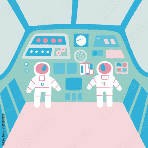 Colorful illustration of spacecraft interior featuring two astronauts in spacesuits standing near control panel filled with buttons, screens, and exploration gear, evoking sense of adventure