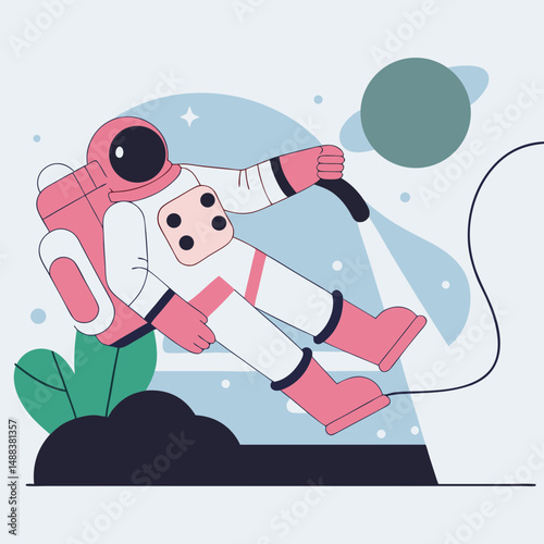 Cartoon astronaut in pink and white spacesuit floats in space, tethered to spacecraft, with green planet and stars in background. scene is playful and futuristic