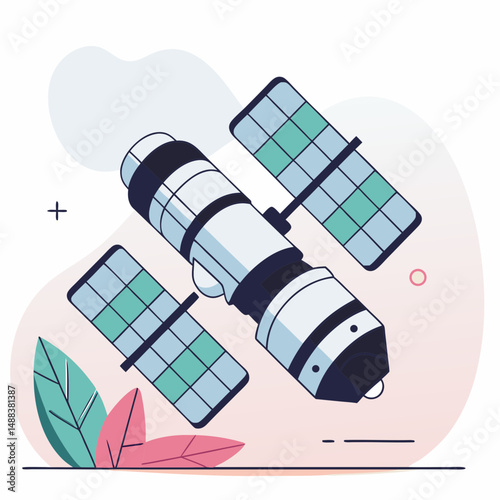 Modern illustration of space station with solar panels, showcasing advanced propulsion upgrades and engineering. design is futuristic and surrounded by abstract leaves, blending technology with