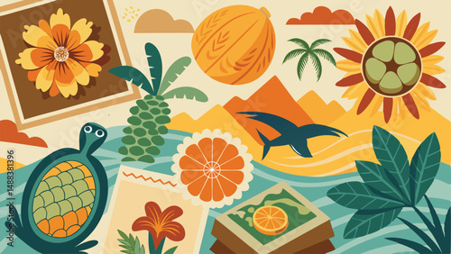 Coastal Travel Vector Collage with Stylized Icons