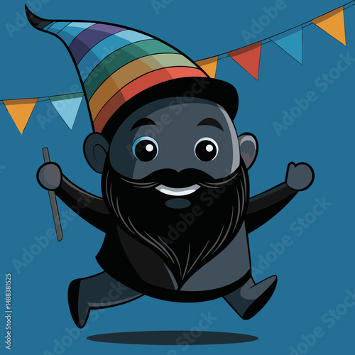 Cheerful gnome wearing colorful rainbow outfit and hat is joyfully running with stick in hand, set against blue background with festive bunting flags
