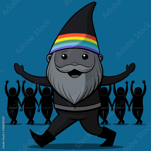 Cheerful gnome with rainbow striped hat leads lively dance troupe, spreading joy and energy. gnome expressive pose and silhouettes of dancers in background create vibrant and fun atmosphere