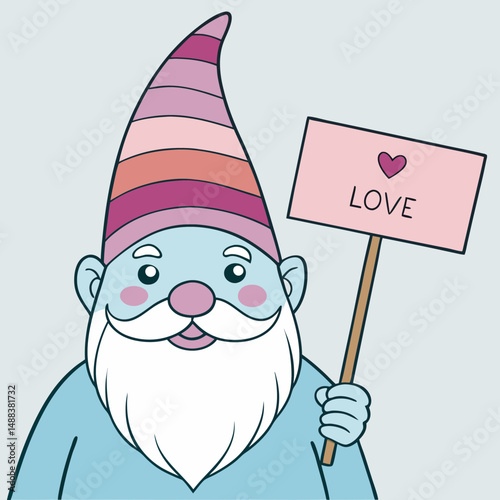 Cheerful gnome with rainbow striped hat and white beard holds sign with heart and word LOVE, spreading positivity and joy