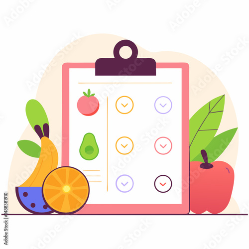 Colorful illustration of weekly detox diet planner on clipboard, surrounded by fresh fruits like bananas, oranges, apples, and avocado, symbolizing healthy eating and wellness