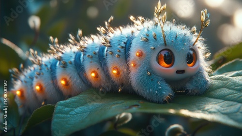 Fototapeta Naklejka Na Ścianę i Meble -  Fuzzy, luminous creature on a leaf