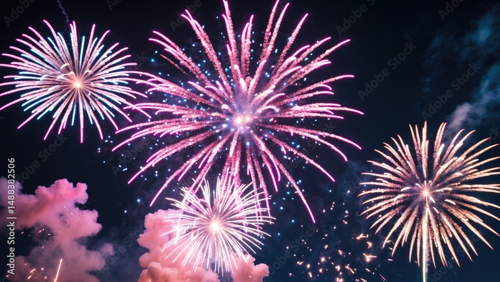 Fototapeta premium Radiantly Colored Fireworks on a Dark Backdrop
