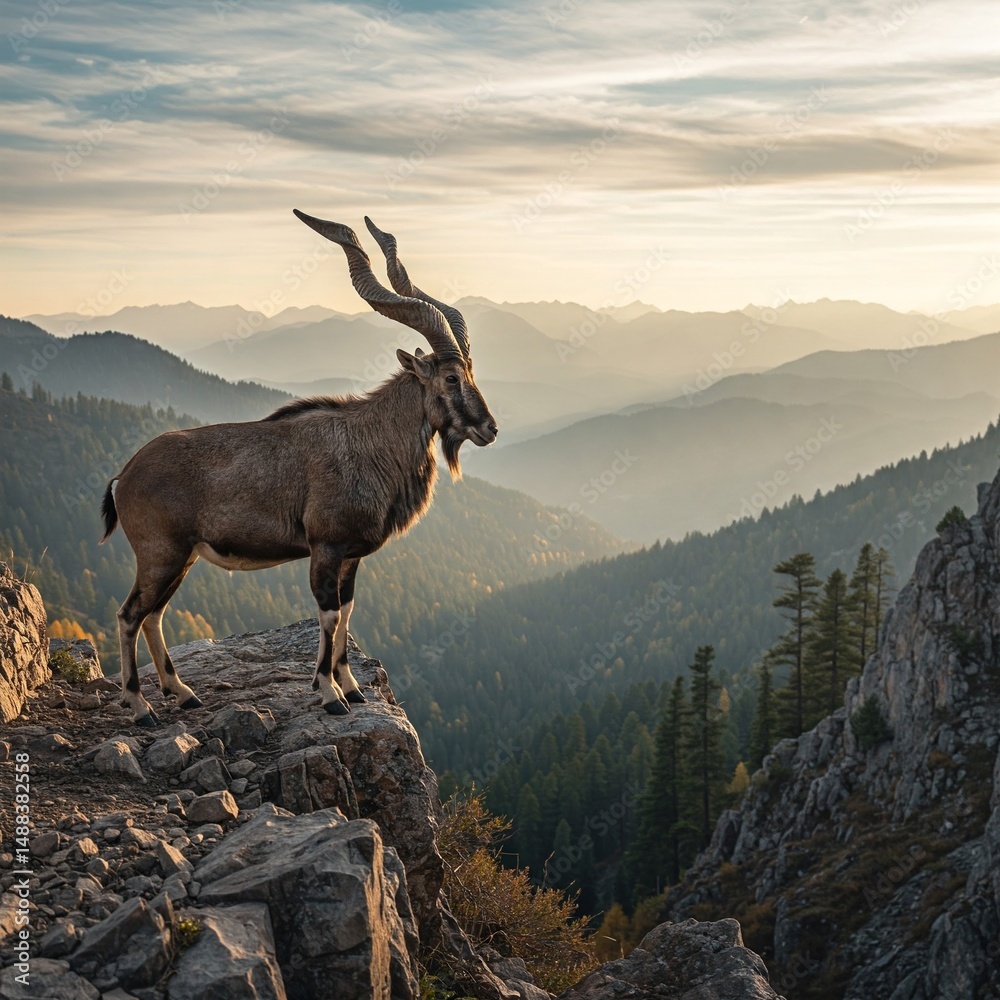 Fototapeta premium A markhor stands tall on rocky ledges, spiral horns reaching skyward through morning clouds above distant pine valleys.