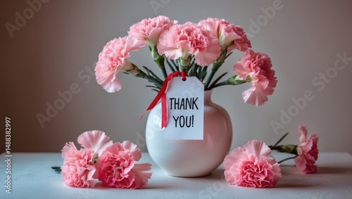 Thank you card adorned with pink blooms and floral decor in a rustic room