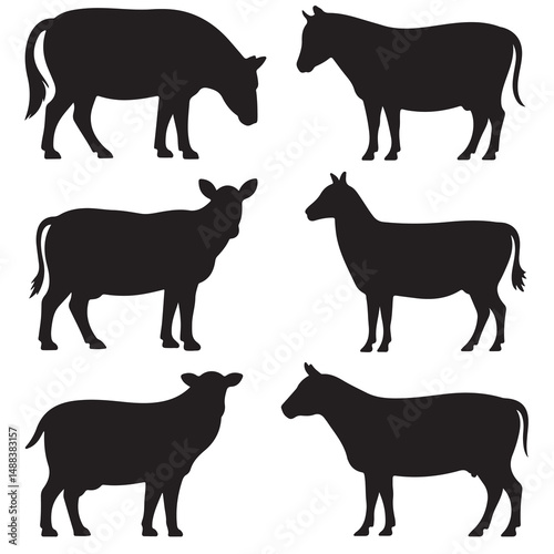 Farm Animal Silhouettes Collection Black and White, Cattle Cows Goats and Bulls Farm Animals