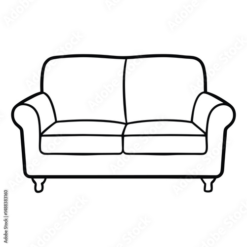 A simple drawing of a couch with two cushions and rounded armrests and short legs