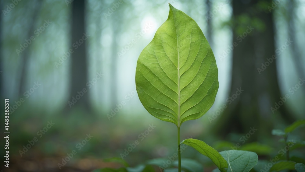 Fototapeta premium A green leaf set against a misty forest backdrop.