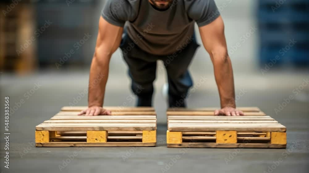 Determined warehouse worker performing push ups on wooden pallets