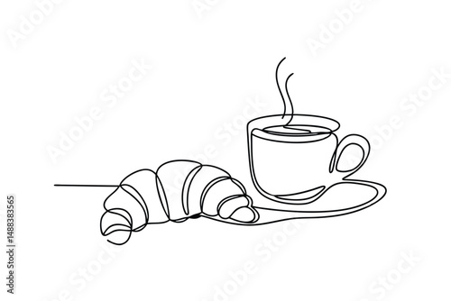 Minimalist line art illustration of a croissant and a steaming cup of coffee