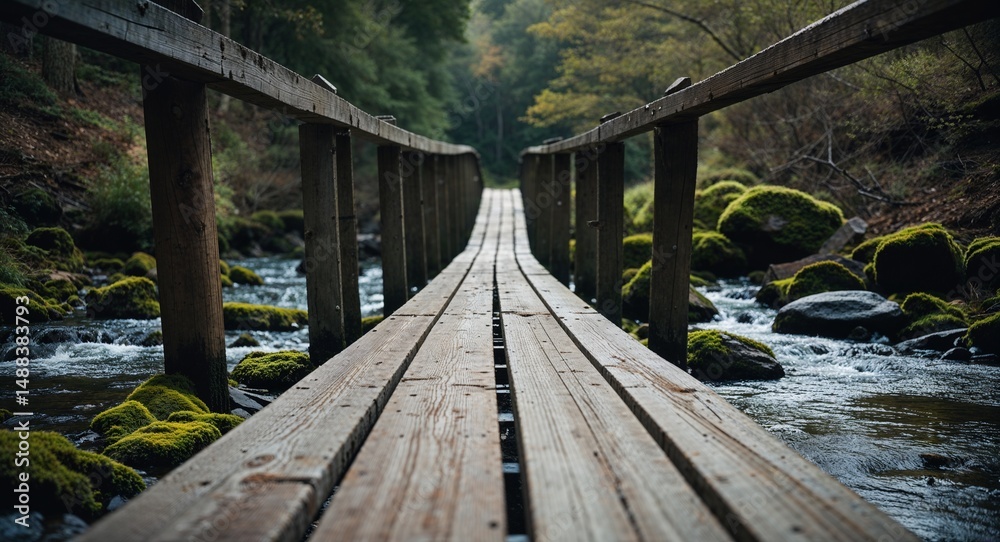 Obraz premium Wooden footbridge planks spanning a stream with mossy rocks below