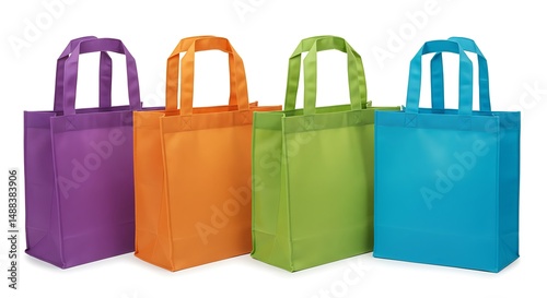 Vibrant reusable shopping bags stand brightly lit against a pure white background. AI Generated