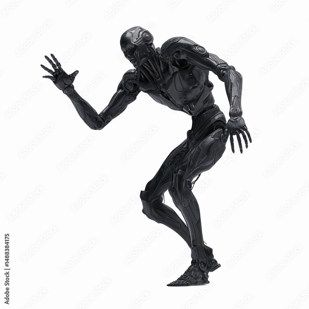 Fototapeta premium Futuristic Cyborg in Dynamic Pose Against Glitch Background