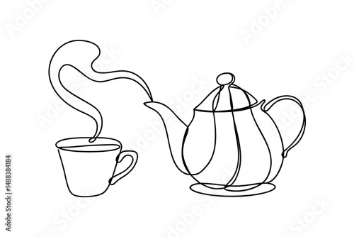 Simple line drawing of a teapot and cup of tea with steaming hot drink