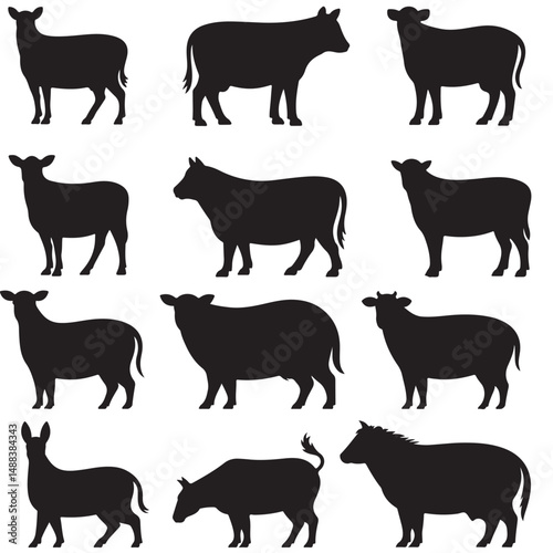 Farm Animal Silhouettes Collection Black and White, Cattle Cows Goats and Bulls Farm Animals