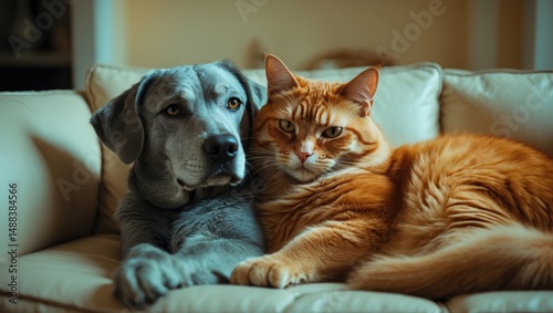 Fototapeta Naklejka Na Ścianę i Meble -  The companionship of a red cat and a grey dog. Friendship among pets. Life with various domestic animals in a flat. Living together across species.