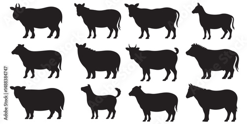 Farm Animal Silhouettes Collection Black and White, Cattle Cows Goats and Bulls Farm Animals