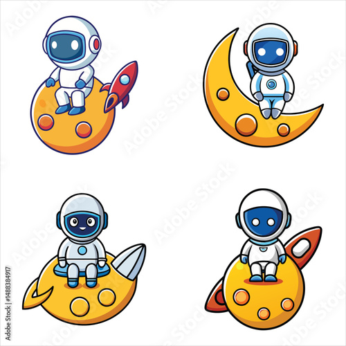 Astronaut Sitting On Moon With Rocket Sign Cartoon