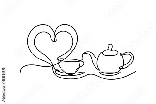 One continuous line drawing of a teapot teacup and heart illustration on white background.