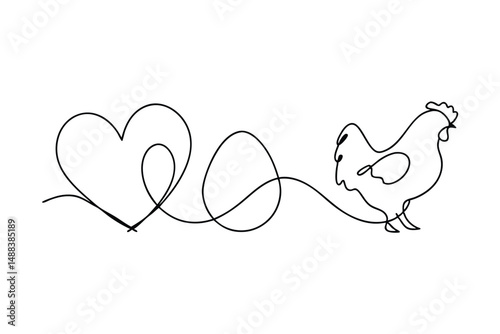 Continuous line drawing of a chicken egg and heart illustrating easter and love