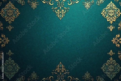Intricate floral damask pattern in muted gold on deep teal , luxury, floral