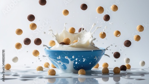Splashing milk as vanilla and chocolate corn balls fall into a bowl on an isolated background