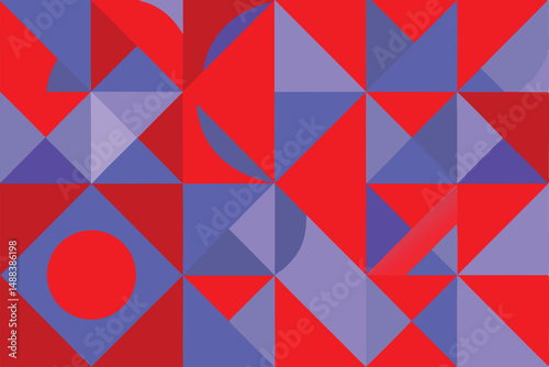 Geometric abstract composition featuring triangles circles and a striking color palette
