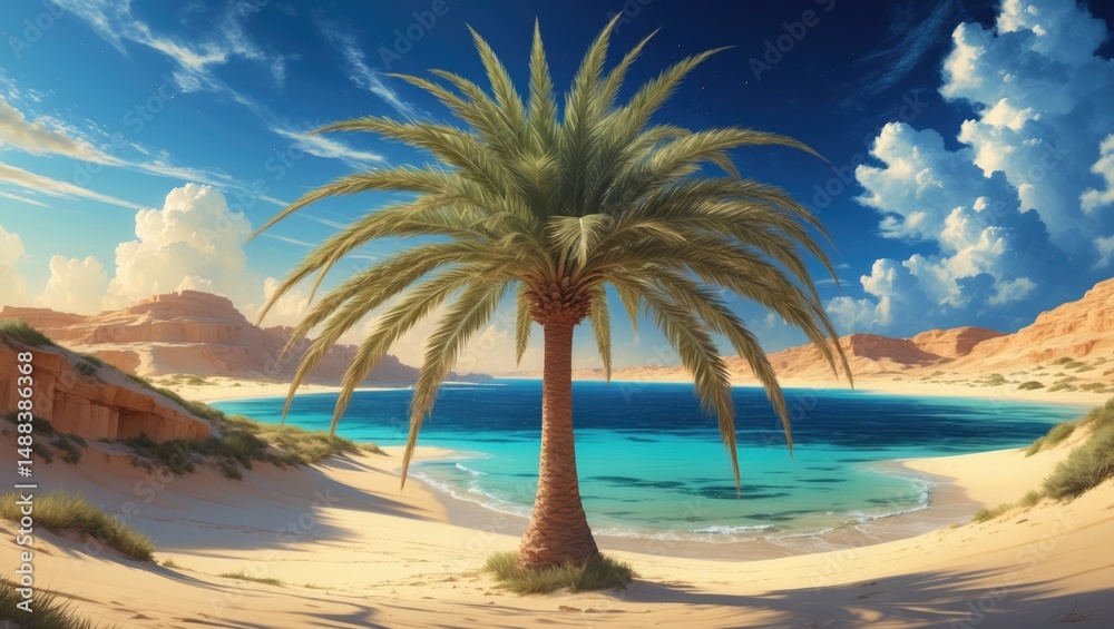 Obraz premium Oasis in the Desert Sea with Palm Trees. Fantasy Setting. Conceptual Artwork. Realistic Image. Background. Digital Illustration. CG Art. Scenic Artwork. Serious Illustration. Photograph.