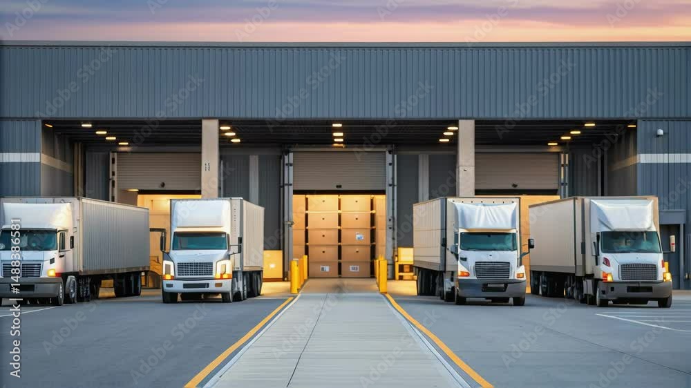 White trucks slowly approaching loading docks of distribution warehouse at dusk