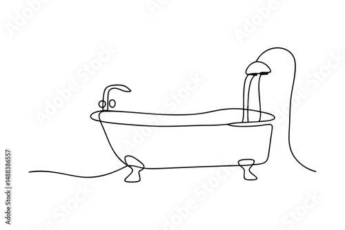 Continuous line drawing of a bathtub with running water shower head in minimalist style